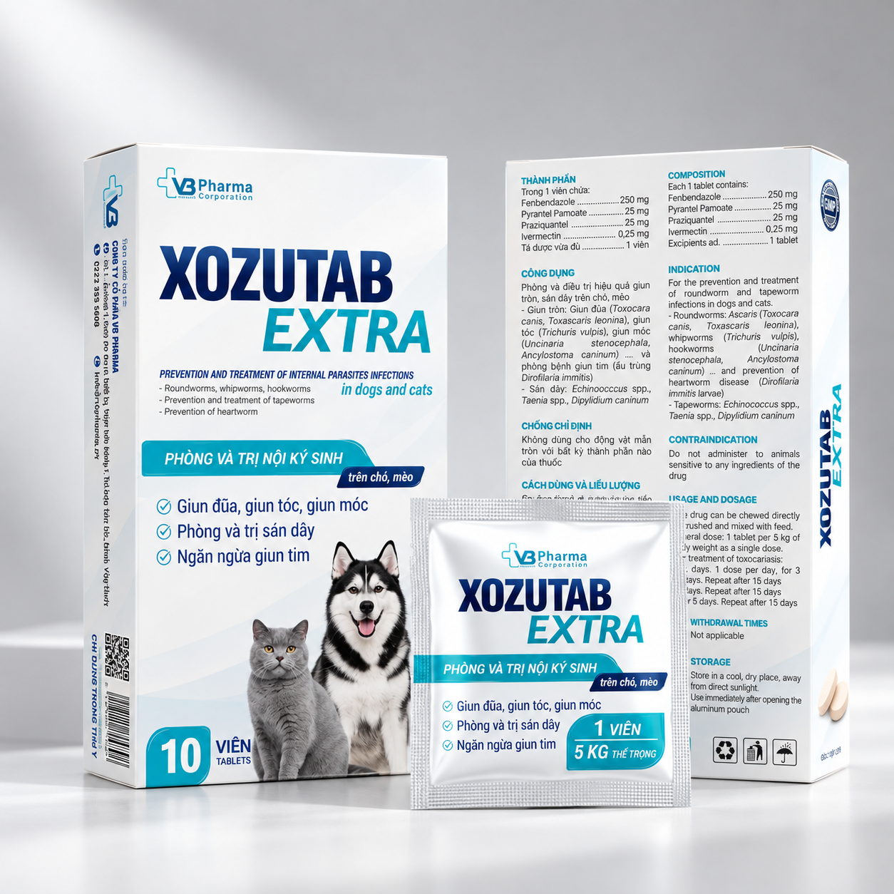 XOZUTAB EXTRA - Viên tẩy giun, sán, phòng giun tim trên chó, mèo - Hộp 10 viên